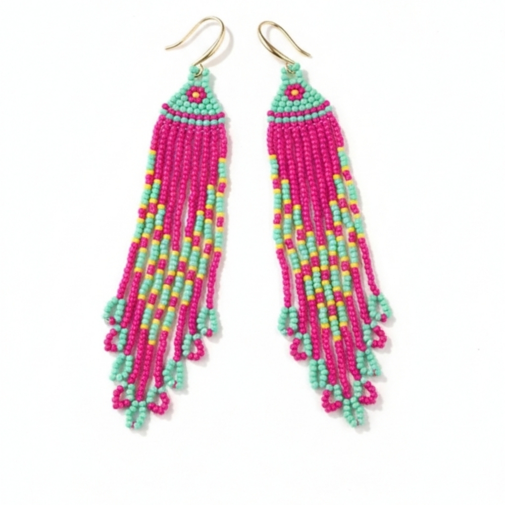 🆕️ Large Handcrafted Vibrant Pink and Green Beaded Tassel Earrings